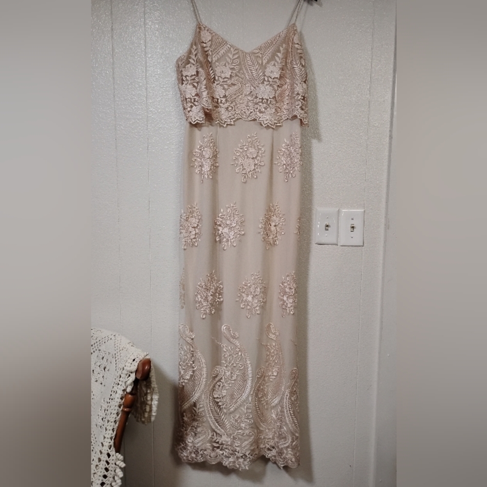 Adrianna Papell Cream Lace Embellished Maxi Dress